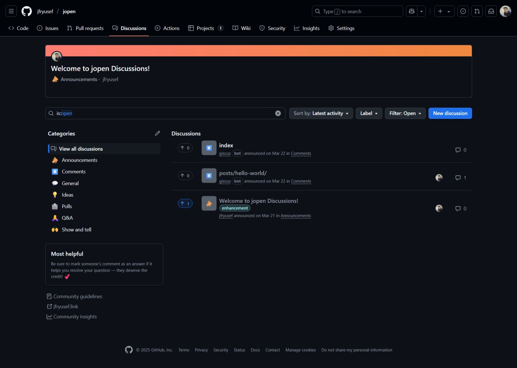 GitHub repository’s Discussions screenshot